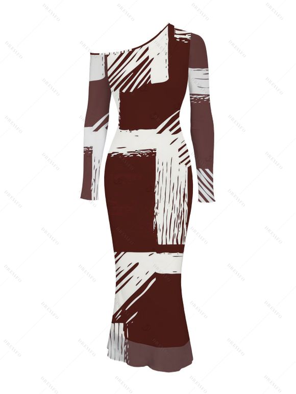 Vintage Couple Outfit Colorblock Abstract Brushstroke Graffiti Print Mesh Panel Skew Neck Bodycon Dress and Long Sleeve Shirt Set - Rouge Vineux S | US 4
