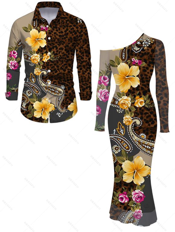 Vintage Vacation Couple Outfit Leopard Paisley Tropical Floral Print Mesh Panel Skew Neck Bodycon Dress and Long Sleeve Shirt Set - marron foncé S | US 4