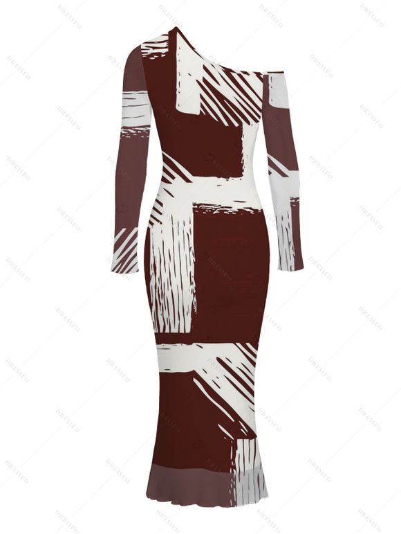 Vintage Couple Outfit Colorblock Abstract Brushstroke Graffiti Print Mesh Panel Skew Neck Bodycon Dress and Long Sleeve Shirt Set - Rouge Vineux S | US 4