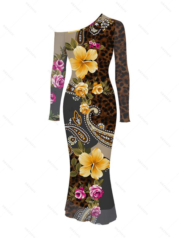 Vintage Vacation Couple Outfit Leopard Paisley Tropical Floral Print Mesh Panel Skew Neck Bodycon Dress and Long Sleeve Shirt Set - marron foncé S | US 4