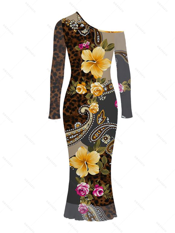Vintage Vacation Couple Outfit Leopard Paisley Tropical Floral Print Mesh Panel Skew Neck Bodycon Dress and Long Sleeve Shirt Set - marron foncé S | US 4