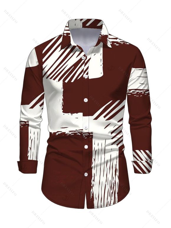 Vintage Couple Outfit Colorblock Abstract Brushstroke Graffiti Print Mesh Panel Skew Neck Bodycon Dress and Long Sleeve Shirt Set - Rouge Vineux S | US 4
