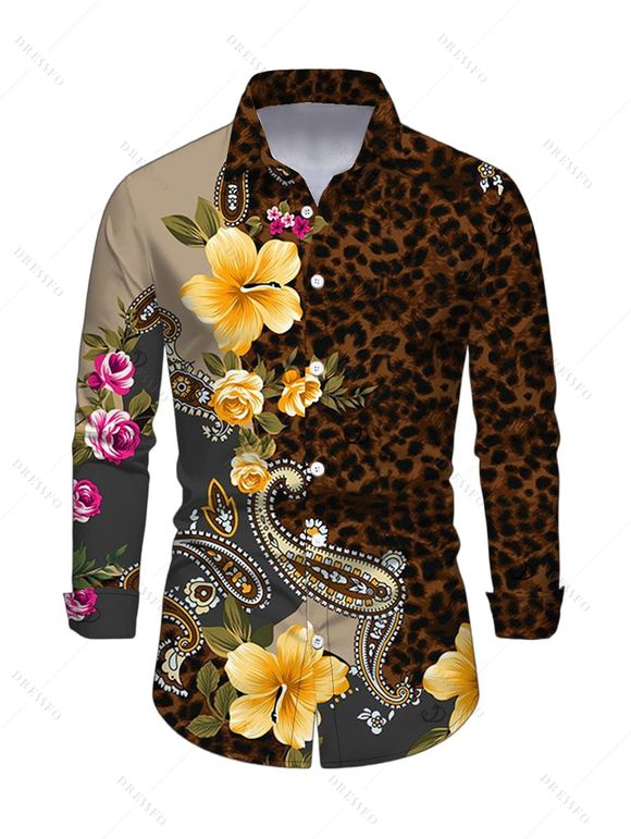 Vintage Vacation Couple Outfit Leopard Paisley Tropical Floral Print Mesh Panel Skew Neck Bodycon Dress and Long Sleeve Shirt Set - marron foncé S | US 4