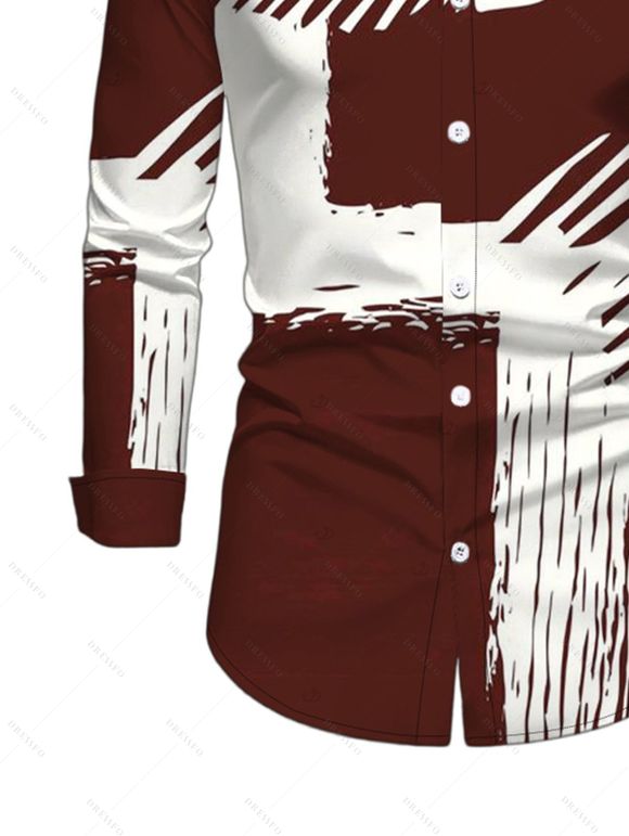 Vintage Couple Outfit Colorblock Abstract Brushstroke Graffiti Print Mesh Panel Skew Neck Bodycon Dress and Long Sleeve Shirt Set - Rouge Vineux S | US 4