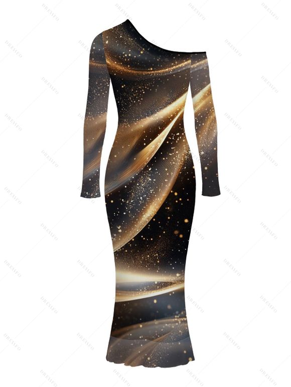 Elegant Party Dress Starry Galaxy Print Mesh Panel Skew Neck Long Sleeve Bodycon Dress - marron foncé XXL | US 14