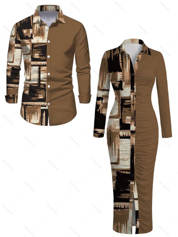 Winter Couple Outfit Colorblock Abstract Graffiti Print Ruched Button Up Bodycon Shirt Dress and Long Sleeve Shirt Set - marron foncé S | US 4