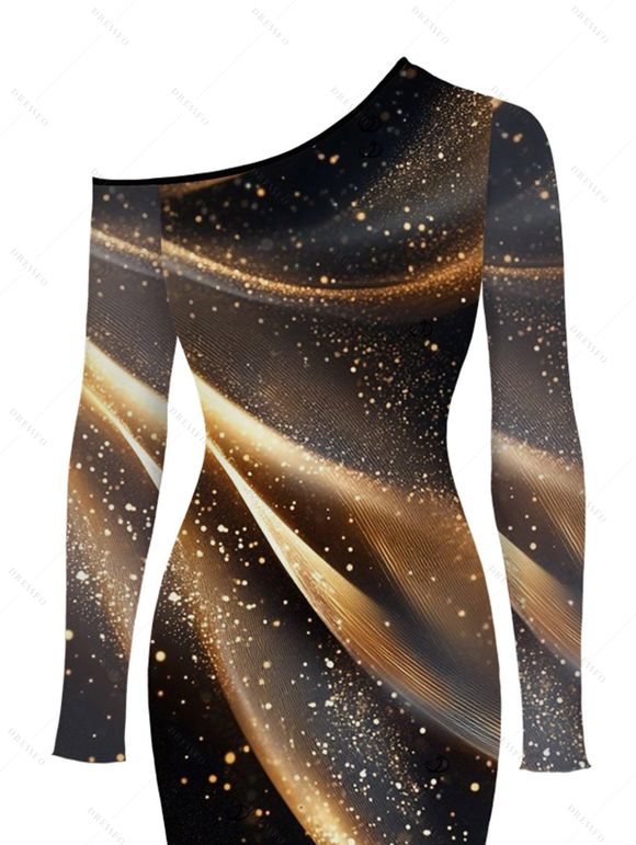 Elegant Party Dress Starry Galaxy Print Mesh Panel Skew Neck Long Sleeve Bodycon Dress - marron foncé XXL | US 14