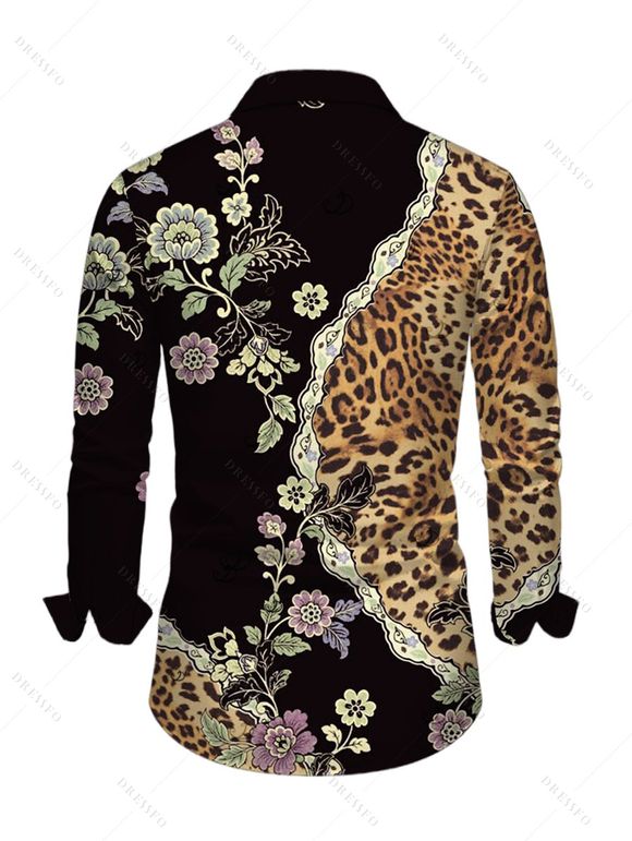 Men's Vintage Shirt Leopard Floral Leaf Print Button Up Long Sleeve Shirt - Noir 2XL