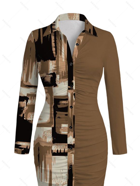 Winter Couple Outfit Colorblock Abstract Graffiti Print Ruched Button Up Bodycon Shirt Dress and Long Sleeve Shirt Set - marron foncé S | US 4