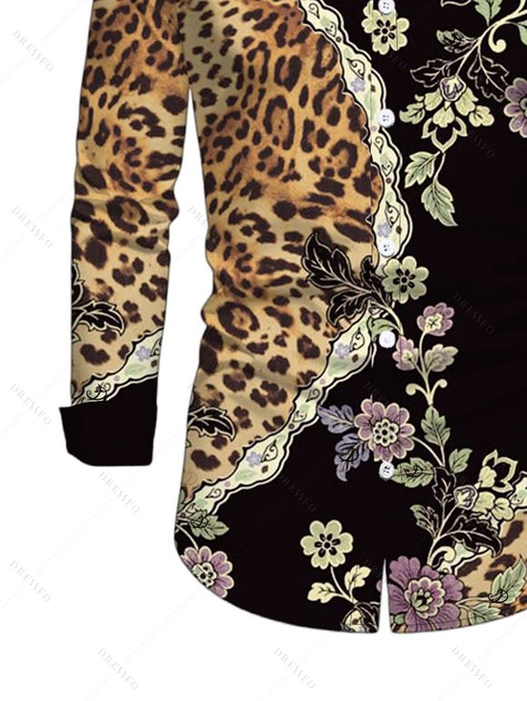 Men's Vintage Shirt Leopard Floral Leaf Print Button Up Long Sleeve Shirt - Noir 2XL