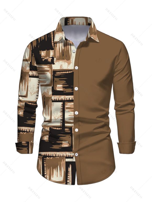 Winter Couple Outfit Colorblock Abstract Graffiti Print Ruched Button Up Bodycon Shirt Dress and Long Sleeve Shirt Set - marron foncé S | US 4