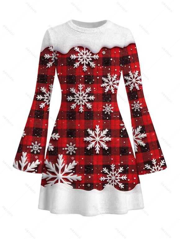 Christmas Couple Outfit Colorblock Plaid Snowflake Print Bell Sleeve A Line Mini Dress and Long Sleeve Shirt Set - Rouge Vineux S | US 4