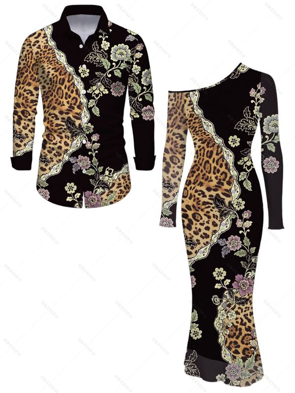Vintage Couple Outfit Leopard Floral Leaf Print Mesh Panel Skew Neck Bodycon Dress and Long Sleeve Shirt Set - Noir S | US 4