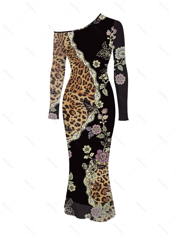 Vintage Couple Outfit Leopard Floral Leaf Print Mesh Panel Skew Neck Bodycon Dress and Long Sleeve Shirt Set - Noir S | US 4
