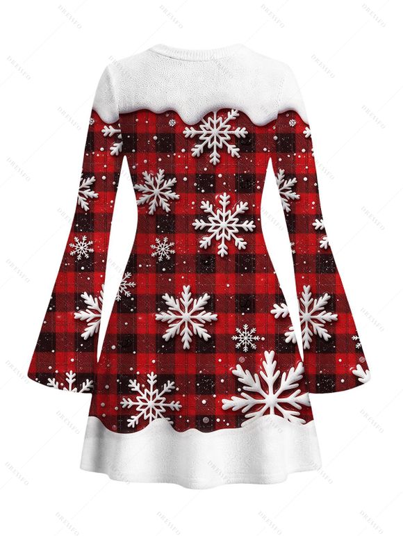 Christmas Couple Outfit Colorblock Plaid Snowflake Print Bell Sleeve A Line Mini Dress and Long Sleeve Shirt Set - Rouge Vineux S | US 4