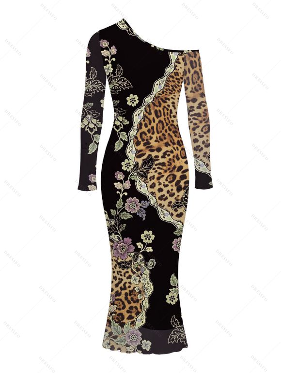 Vintage Couple Outfit Leopard Floral Leaf Print Mesh Panel Skew Neck Bodycon Dress and Long Sleeve Shirt Set - Noir S | US 4