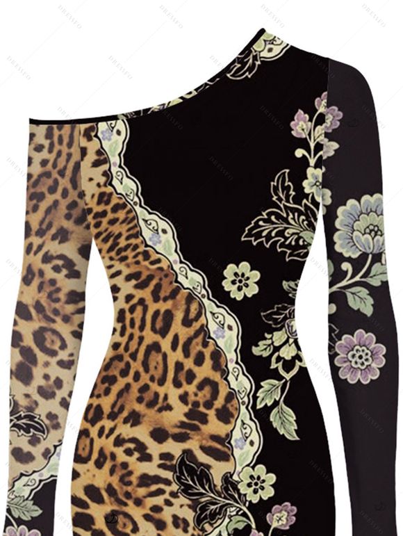 Vintage Couple Outfit Leopard Floral Leaf Print Mesh Panel Skew Neck Bodycon Dress and Long Sleeve Shirt Set - Noir S | US 4