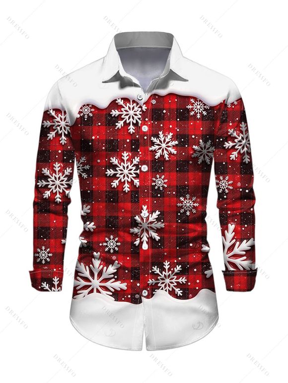 Christmas Couple Outfit Colorblock Plaid Snowflake Print Bell Sleeve A Line Mini Dress and Long Sleeve Shirt Set - Rouge Vineux S | US 4