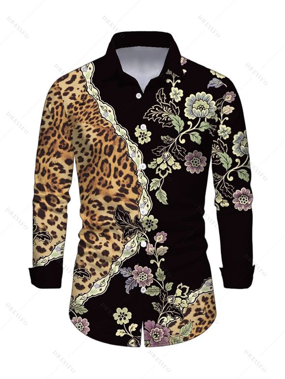 Vintage Couple Outfit Leopard Floral Leaf Print Mesh Panel Skew Neck Bodycon Dress and Long Sleeve Shirt Set - Noir S | US 4