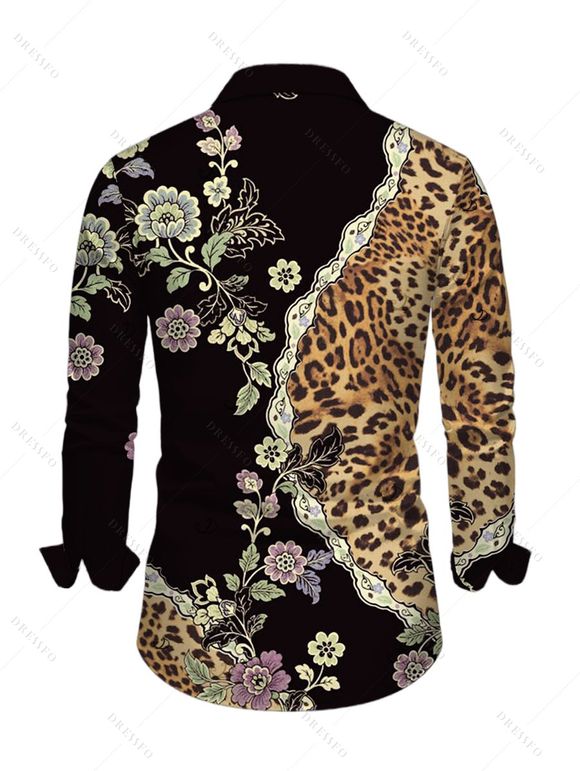 Vintage Couple Outfit Leopard Floral Leaf Print Mesh Panel Skew Neck Bodycon Dress and Long Sleeve Shirt Set - Noir S | US 4