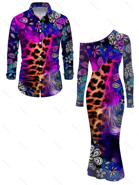 Ethnic Couple Outfit Leopard Mandala Floral Colorblock Print Mesh Panel Skew Neck Bodycon Dress and Long Sleeve Shirt Set - Concorde S | US 4