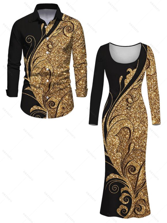 Elegant Party Couple Outfit Gold Glitter Scrollwork Print U Neck Bodycon Dress and Long Sleeve Shirt Set - Noir S | US 4