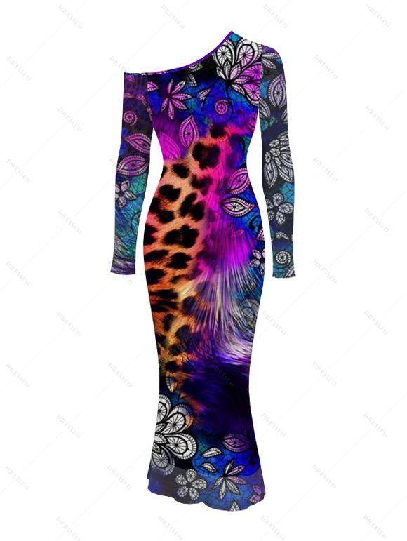 Ethnic Couple Outfit Leopard Mandala Floral Colorblock Print Mesh Panel Skew Neck Bodycon Dress and Long Sleeve Shirt Set - Concorde S | US 4