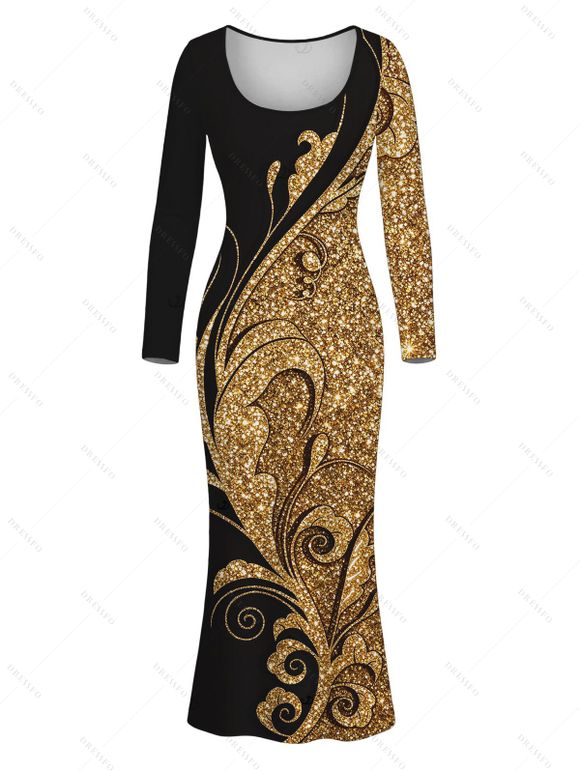 Elegant Party Couple Outfit Gold Glitter Scrollwork Print U Neck Bodycon Dress and Long Sleeve Shirt Set - Noir S | US 4