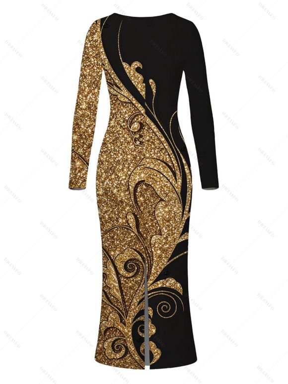 Elegant Party Couple Outfit Gold Glitter Scrollwork Print U Neck Bodycon Dress and Long Sleeve Shirt Set - Noir S | US 4