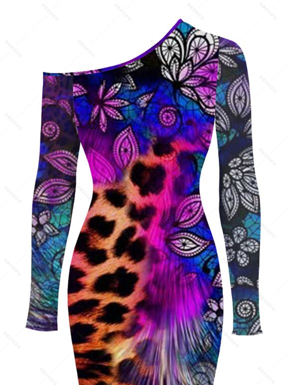 Ethnic Couple Outfit Leopard Mandala Floral Colorblock Print Mesh Panel Skew Neck Bodycon Dress and Long Sleeve Shirt Set - Concorde S | US 4