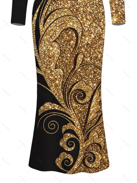 Elegant Party Couple Outfit Gold Glitter Scrollwork Print U Neck Bodycon Dress and Long Sleeve Shirt Set - Noir S | US 4