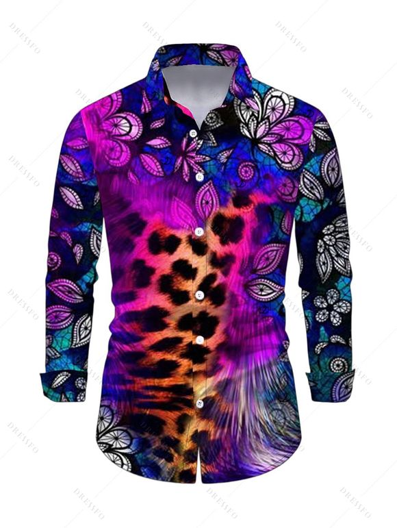 Ethnic Couple Outfit Leopard Mandala Floral Colorblock Print Mesh Panel Skew Neck Bodycon Dress and Long Sleeve Shirt Set - Concorde S | US 4