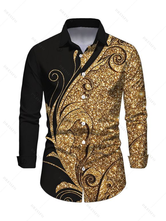 Elegant Party Couple Outfit Gold Glitter Scrollwork Print U Neck Bodycon Dress and Long Sleeve Shirt Set - Noir S | US 4