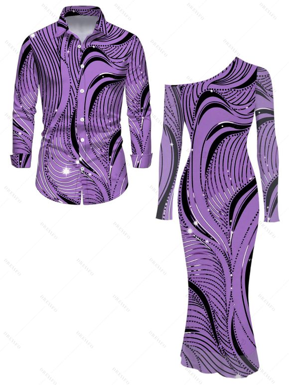 Winter Couple Outfit Wave Line Rhinestone Print Mesh Panel Skew Neck Bodycon Dres and Long Sleeve Shirt Set - Pourpre S | US 4