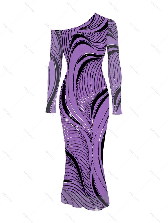 Winter Couple Outfit Wave Line Rhinestone Print Mesh Panel Skew Neck Bodycon Dres and Long Sleeve Shirt Set - Pourpre S | US 4