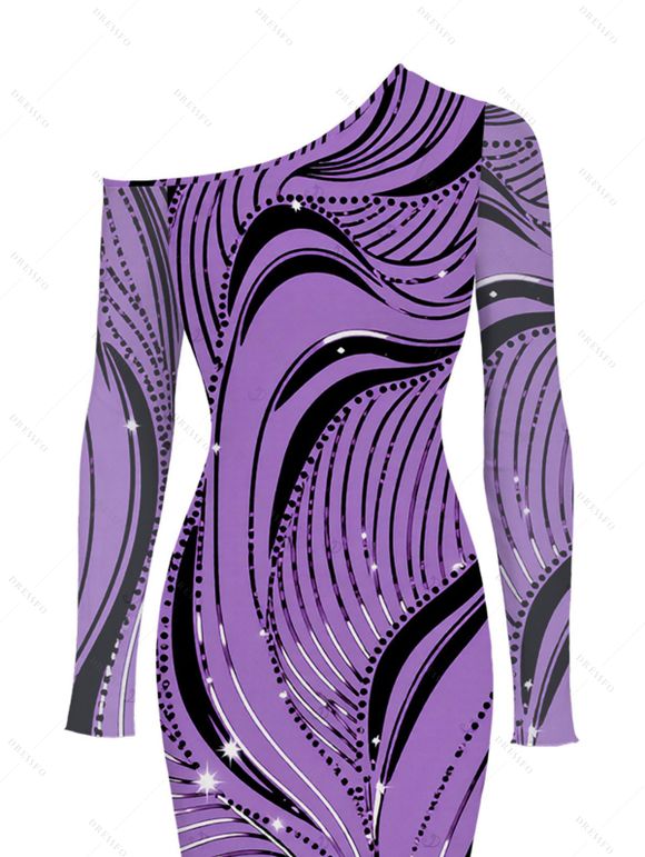 Winter Couple Outfit Wave Line Rhinestone Print Mesh Panel Skew Neck Bodycon Dres and Long Sleeve Shirt Set - Pourpre S | US 4