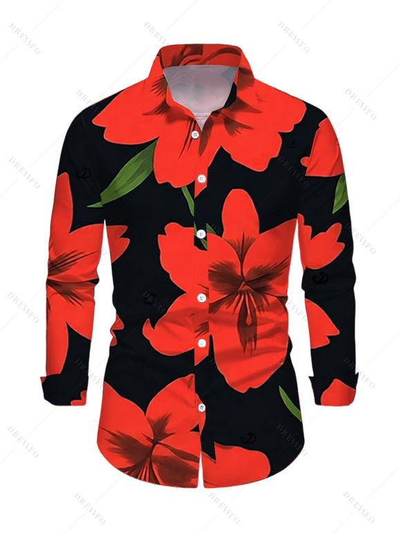 Men's Vacation Shirt Gladiolus Flower Print Button Up Long Sleeve Shirt - Rouge L