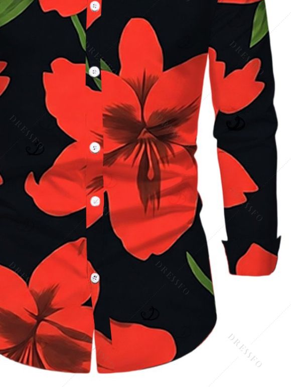 Men's Vacation Shirt Gladiolus Flower Print Button Up Long Sleeve Shirt - Rouge L