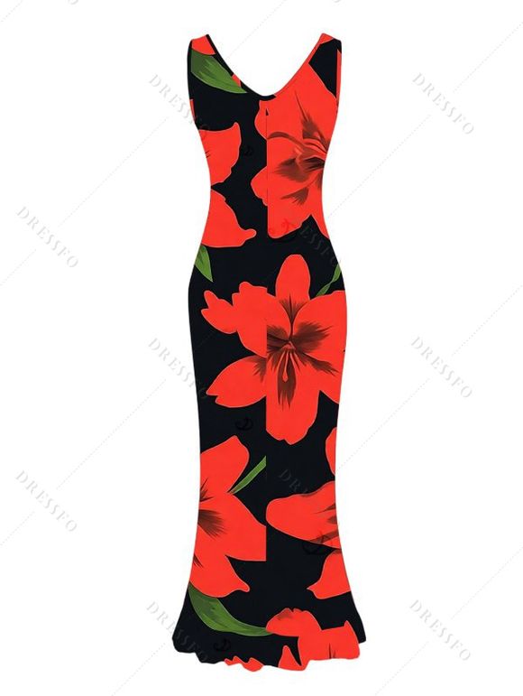 Vacation Dress Gladiolus Flower Print V Neck Slit Ruffle Mermaid Bodycon Dress - Rouge XXL | US 14