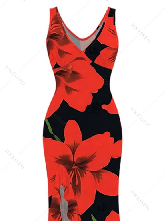 Vacation Dress Gladiolus Flower Print V Neck Slit Ruffle Mermaid Bodycon Dress - Rouge XXL | US 14