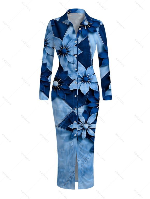 Vacation Shirt Dress Faux Denim Patchwork Floral Print Ruched Button Up Long Sleeve Bodycon Dress - Bleu XXL | US 14