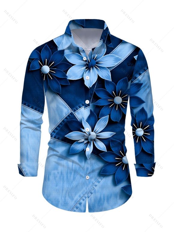 Men's Vacation Shirt Faux Denim Patchwork Floral Print Button Up Long Sleeve Shirt - Bleu M