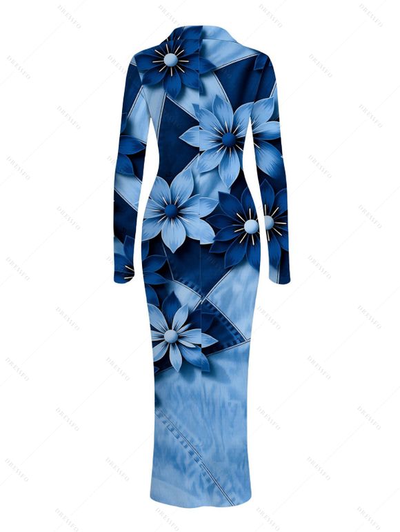 Vacation Shirt Dress Faux Denim Patchwork Floral Print Ruched Button Up Long Sleeve Bodycon Dress - Bleu XXL | US 14