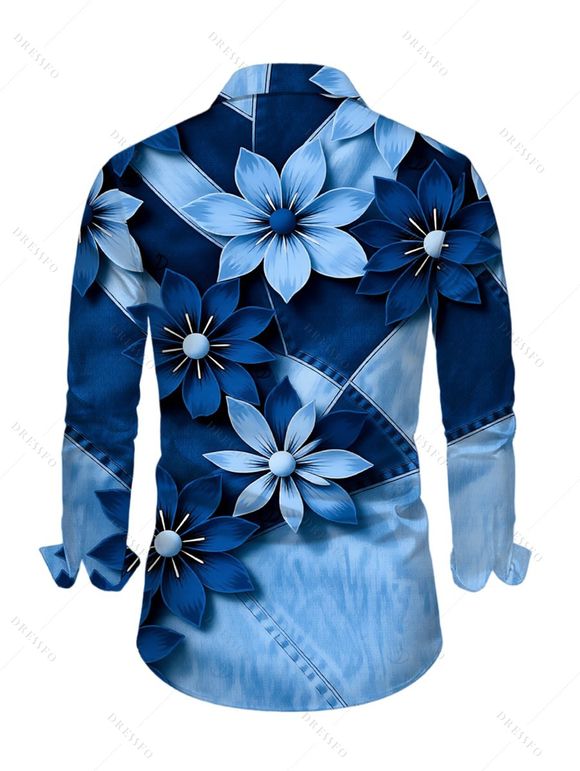 Men's Vacation Shirt Faux Denim Patchwork Floral Print Button Up Long Sleeve Shirt - Bleu M