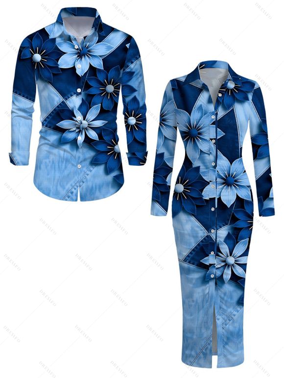 Vacation Couple Outfit Faux Denim Patchwork Floral Print Ruched Button Up Bodycon Shirt Dress and Long Sleeve Shirt Set - Bleu S | US 4