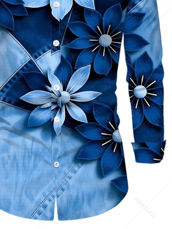 Men's Vacation Shirt Faux Denim Patchwork Floral Print Button Up Long Sleeve Shirt - Bleu M