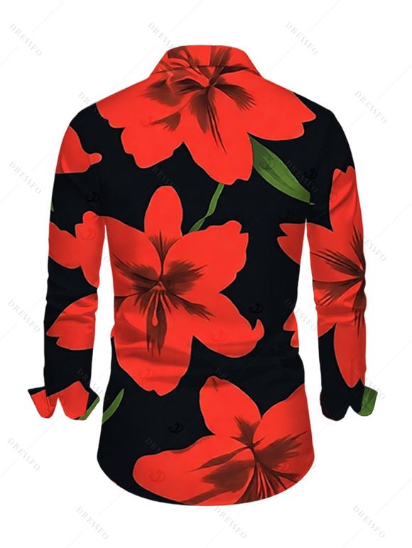 Vacation Couple Outfit Gladiolus Flower Print V Neck Slit Ruffle Mermaid Bodycon Dress and Long Sleeve Shirt Set - Rouge S | US 4