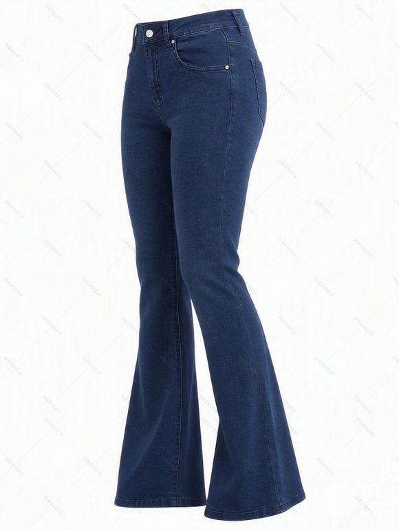 High Waist Flare Jeans Pocket Zipper Fly Denim Pants - Bleu profond S | US 4
