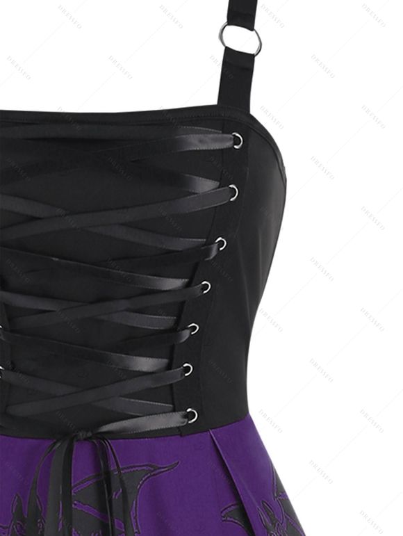 Robe Ligne A à Bretelle Chauve-souris Imprimé à Taille Haute à Lacets - Iris Pourpre S