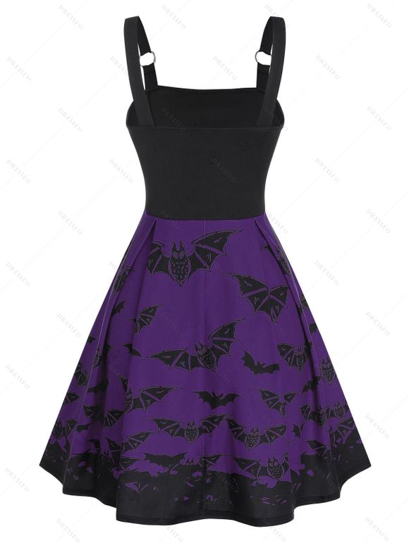 Robe Ligne A à Bretelle Chauve-souris Imprimé à Taille Haute à Lacets - Iris Pourpre S